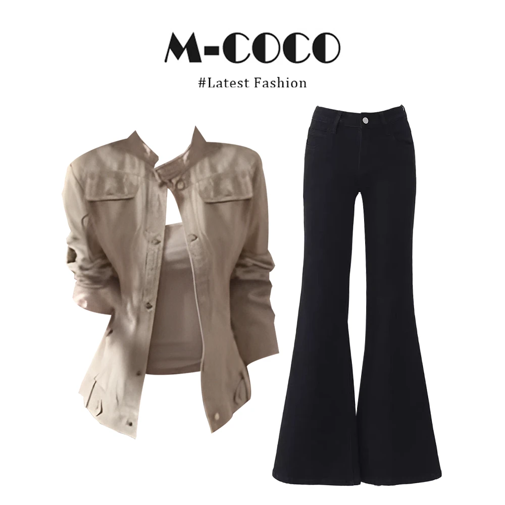 复古风夹克外套内搭2025秋季吊带背心黑色阔腿裤三件套