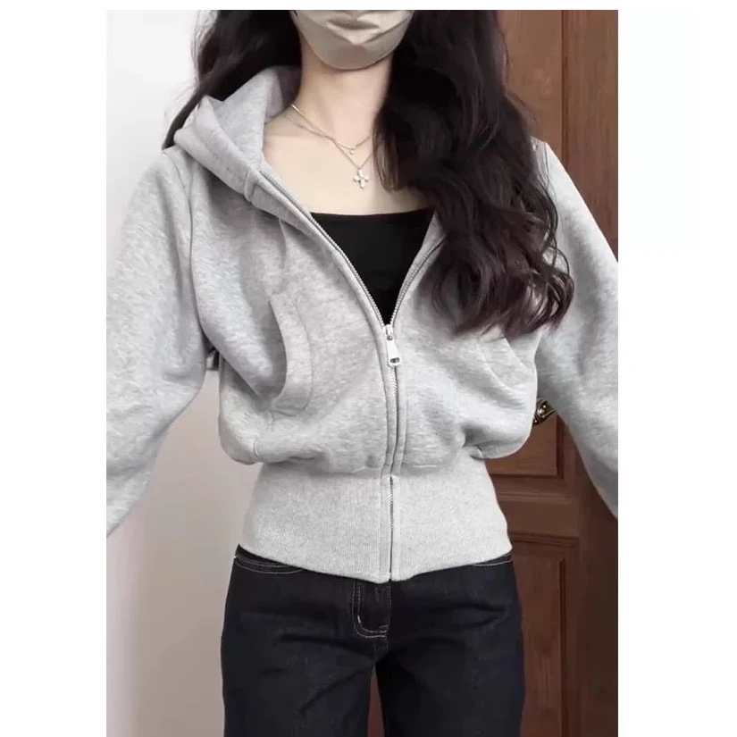 春秋女装开衫长袖修身显瘦连帽百搭美式收腰卫衣短款灰色拉链外套