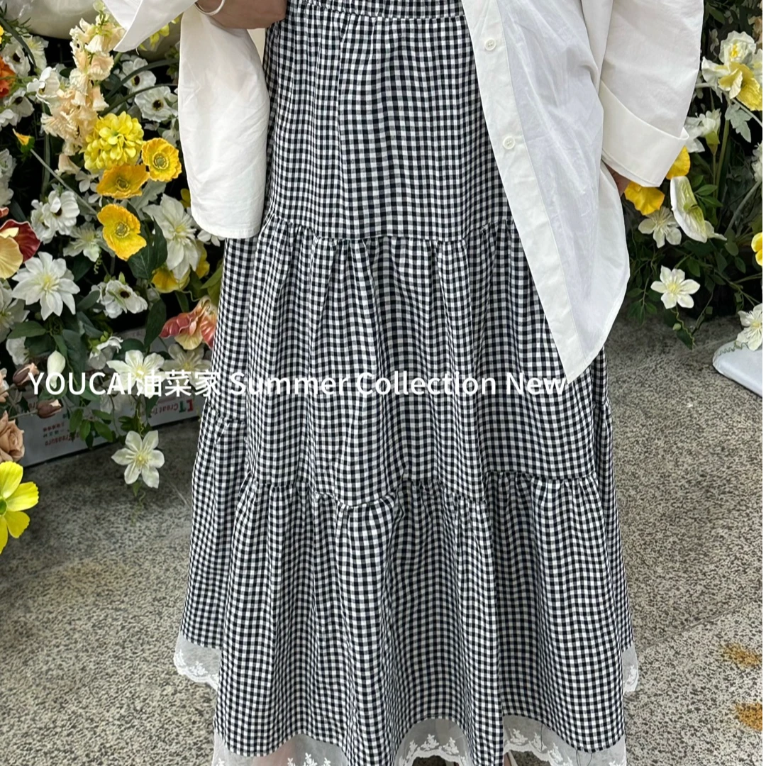 【油菜】大码mm韩版蕾丝花边蛋糕宽松时尚格子裙