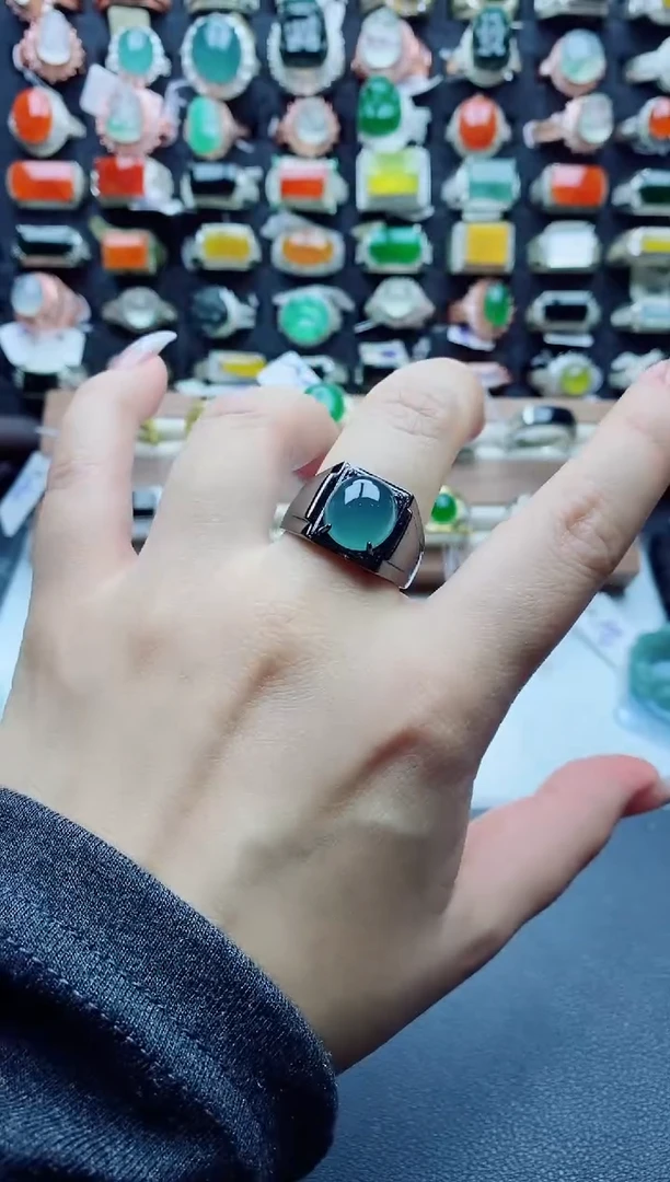 银S925镶嵌戒指翡翠纯天然A货翡翠男戒