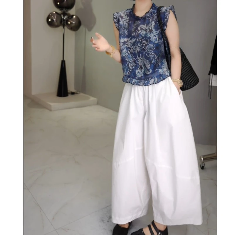 2025夏季时尚碎花木耳边印花无袖衬衫+八分休闲裤LK2504191