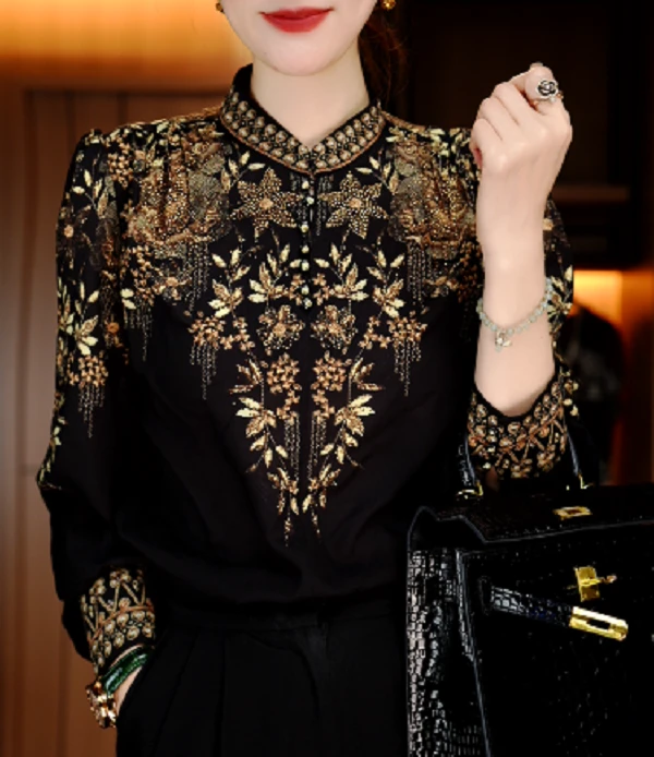 印花薄款复古衬衫衬衣金丝直筒型时尚刺绣V领POLO领立领V24J0020