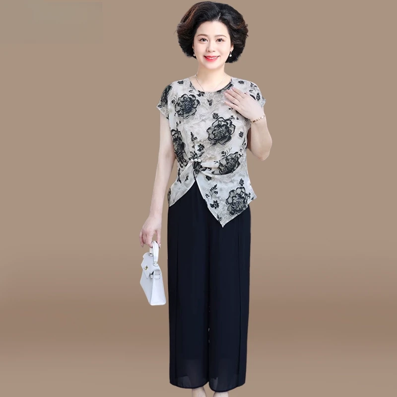 年轻妈妈夏装洋气雪纺小衫套装中老年女装夏季短袖t恤贵夫人上衣