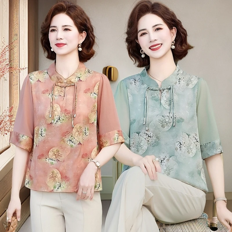 中式国风新款妈妈装雪纺衫洋气质上衣服减龄中老年女装t恤打底衫