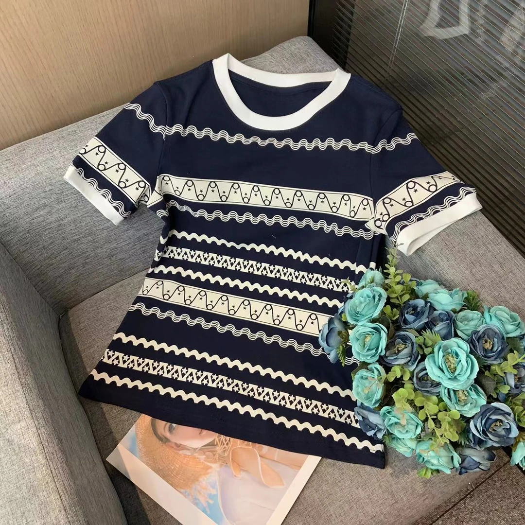 新款百搭轻奢印花短袖上衣女X9113