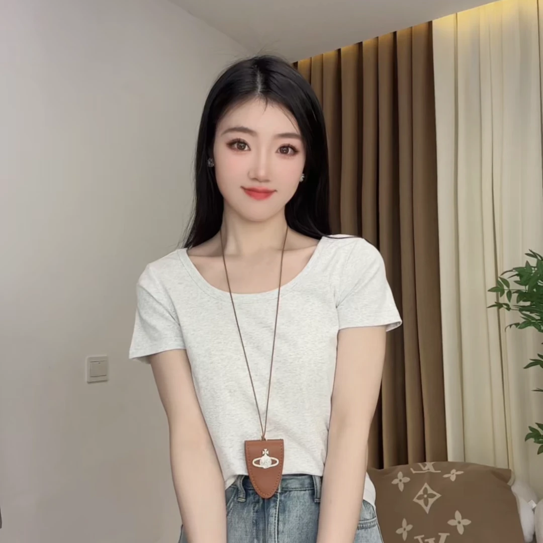 【带运险】大U领短袖正肩T恤女新款修身显瘦百搭纯色打底衫短袖#706