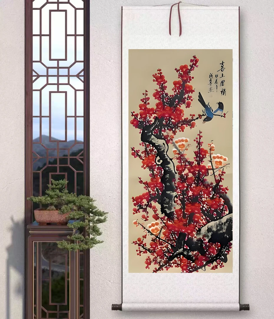 包邮仿古红梅《喜上眉梢》中堂画玄关画艺术装饰画软装裱