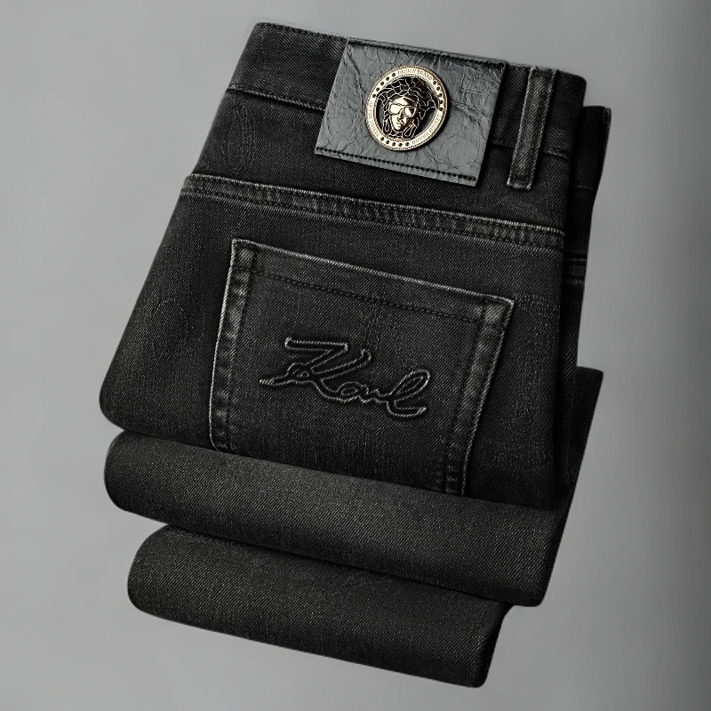 潮牌轻奢提花牛仔裤男秋季2025新款时尚修身小直筒磨白休闲裤子男