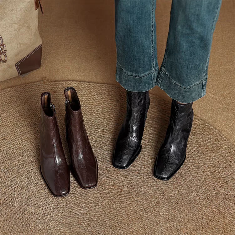 法式方头粗跟短靴秋季新款英伦风瘦瘦靴侧拉链高跟靴子9623