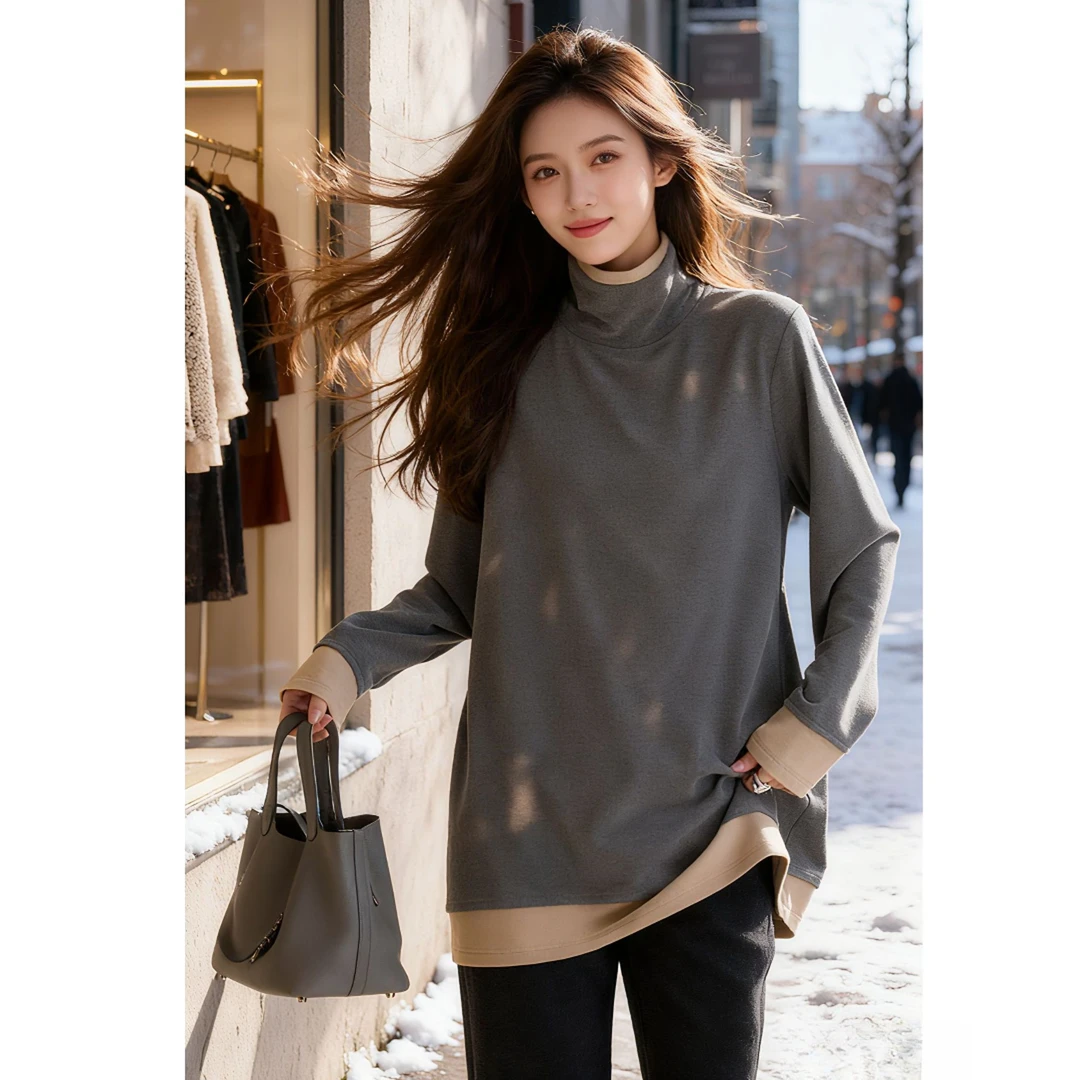 假两件半高领T恤女秋冬新款打底衫长袖保暖上衣遮臀配鲨鱼裤上衣