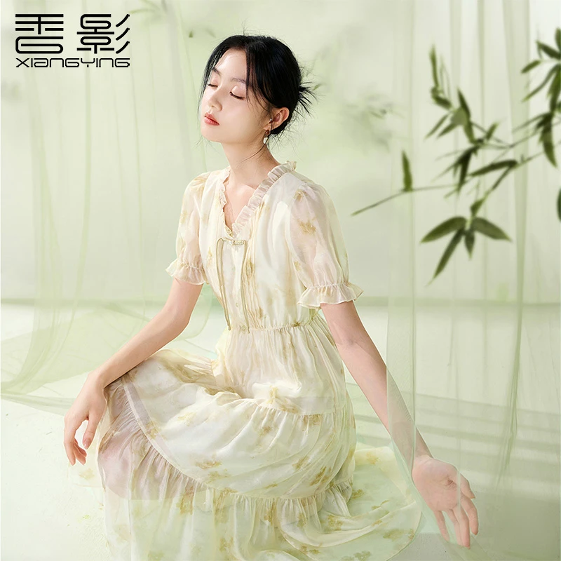 【直播专享】Q842420连衣裙 香影新中式国风连衣裙女新款木耳边盘