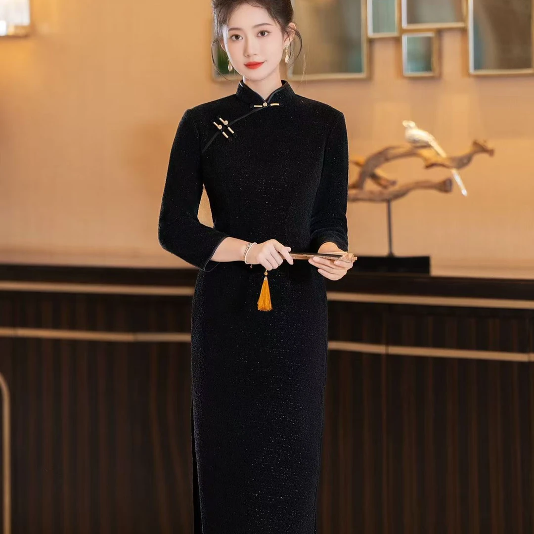 （433）冬款 时尚 中长款改良旗袍 单层 长度约110cm中国风苏州旗袍