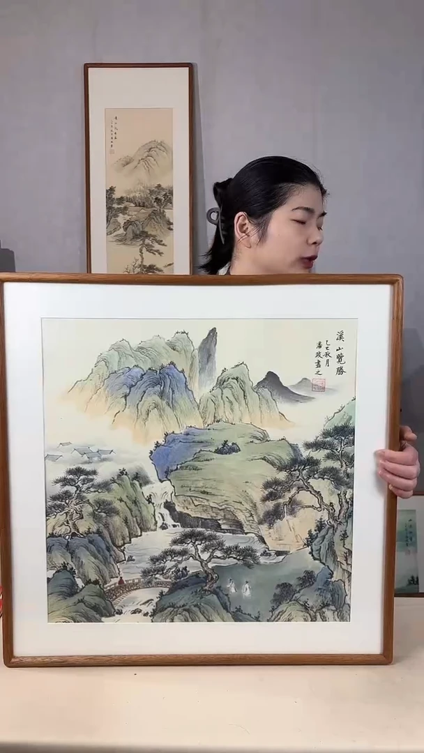 国画手绘*溪山揽胜*62*62cm实木框