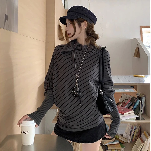 春秋黑灰色针织衫女巨好看早秋穿搭韩系蝙蝠袖宽松长袖毛衣上衣