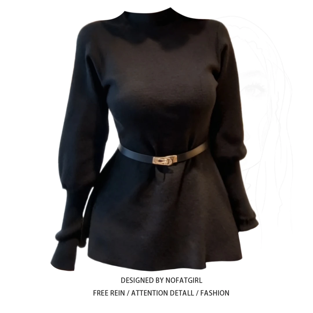 大码胖妹妹法式赫本风半高领灯笼袖长袖针织衫女秋冬收腰显瘦毛衣