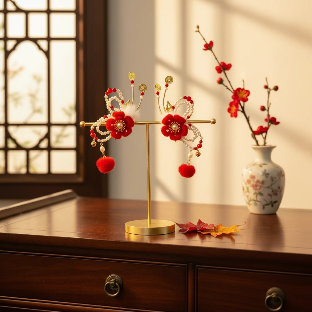 中国风配饰发饰古装女喜庆辑珠蝴蝶毛球仿绒花蝴蝶对夹双层发饰