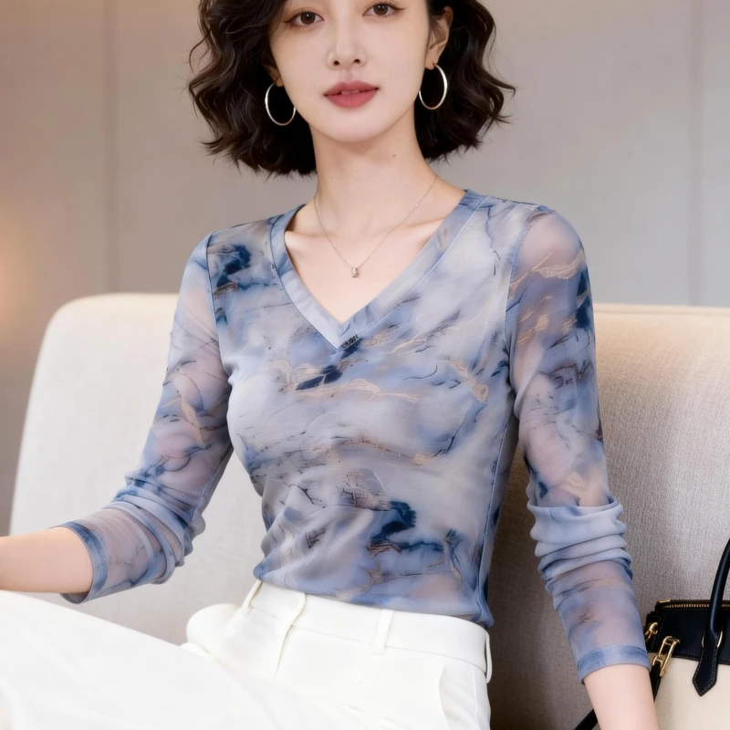 秋装女款爆款2025新款高级感外穿正版网纱上衣打底衫洋气高贵衣服