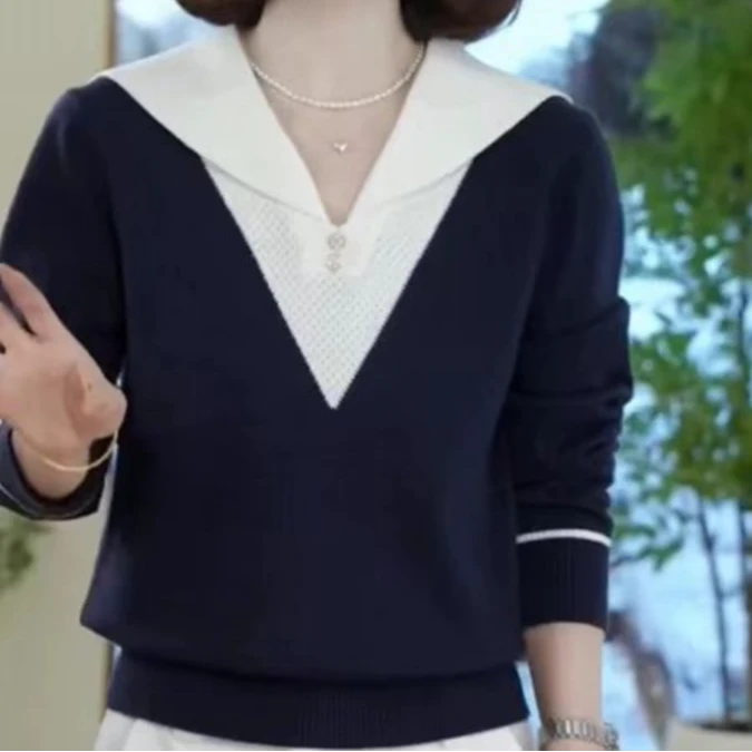 ass2024新款秋季时尚百搭海军领套头针织长袖上衣显瘦气质洋气xx