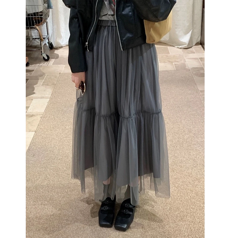 【春季新款】法式温柔风垂感松紧腰双层蕾丝网纱A字半身长裙 77767