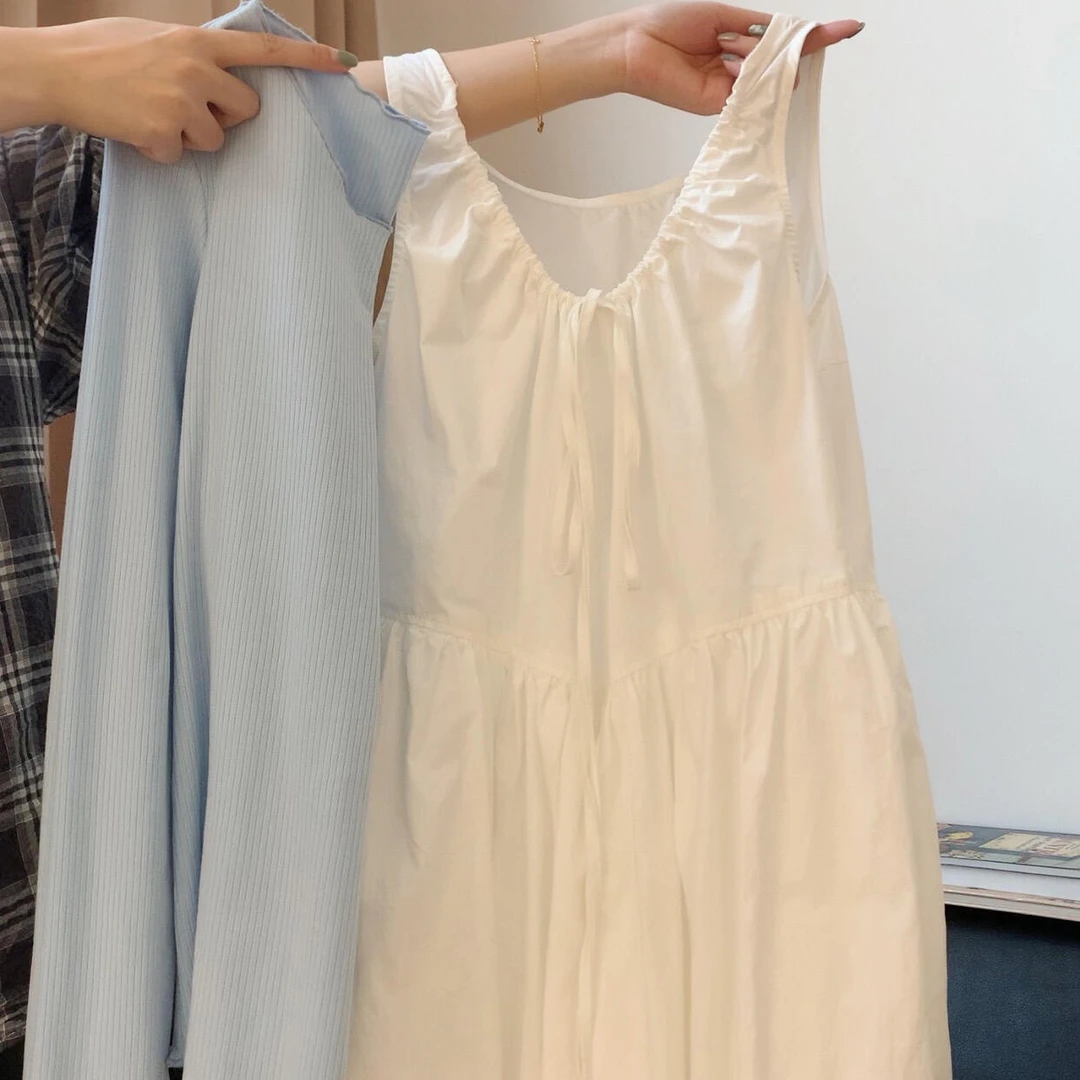 2025秋季新款韩系甜美减龄小清新蓝色打底背心小白裙气质连衣裙女