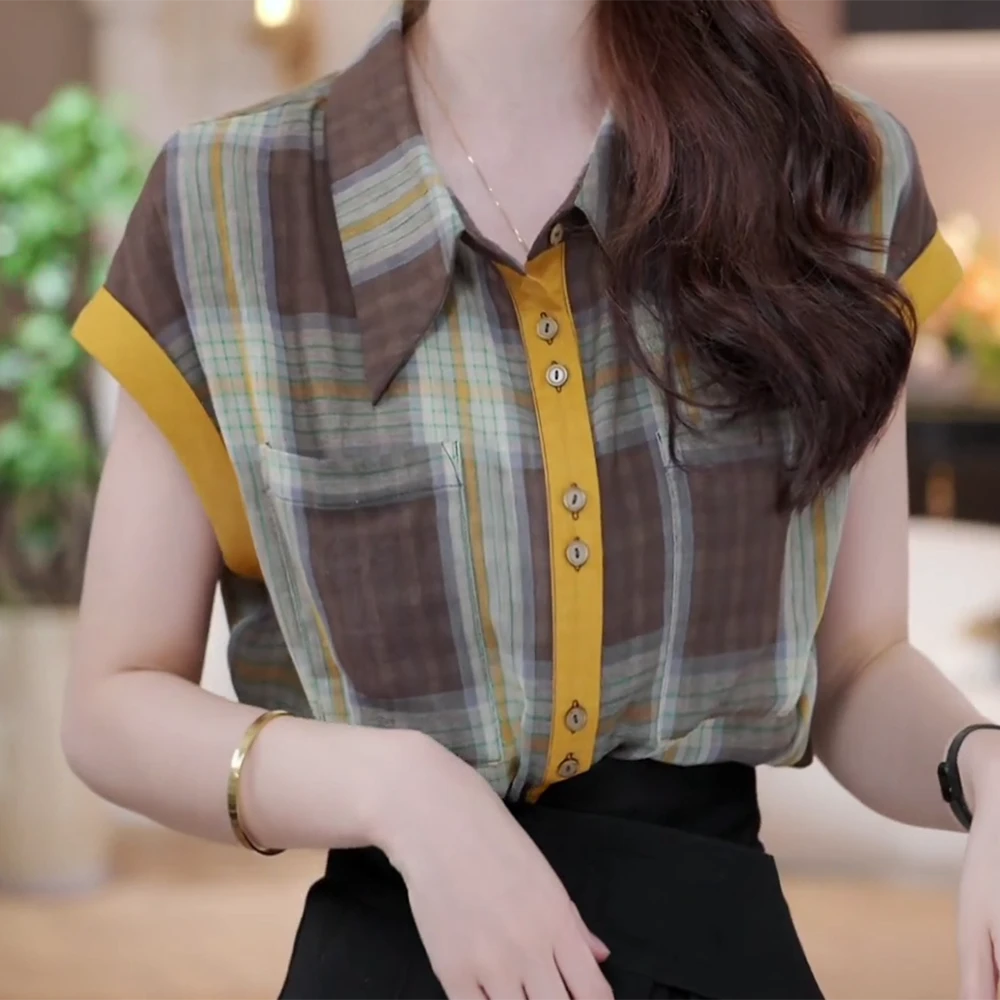 春夏新款韩版简约复古感格子轻薄松弛感撞色潮衬衫女