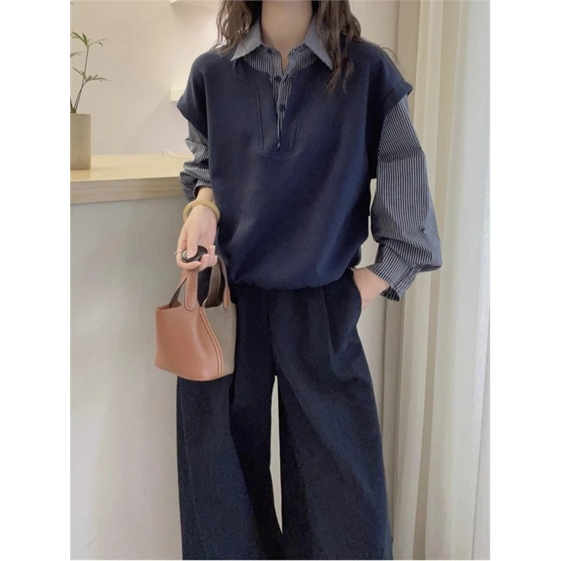 大码假两件复古格子衬衫女秋季韩版设计感气质宽松显瘦百搭上衣