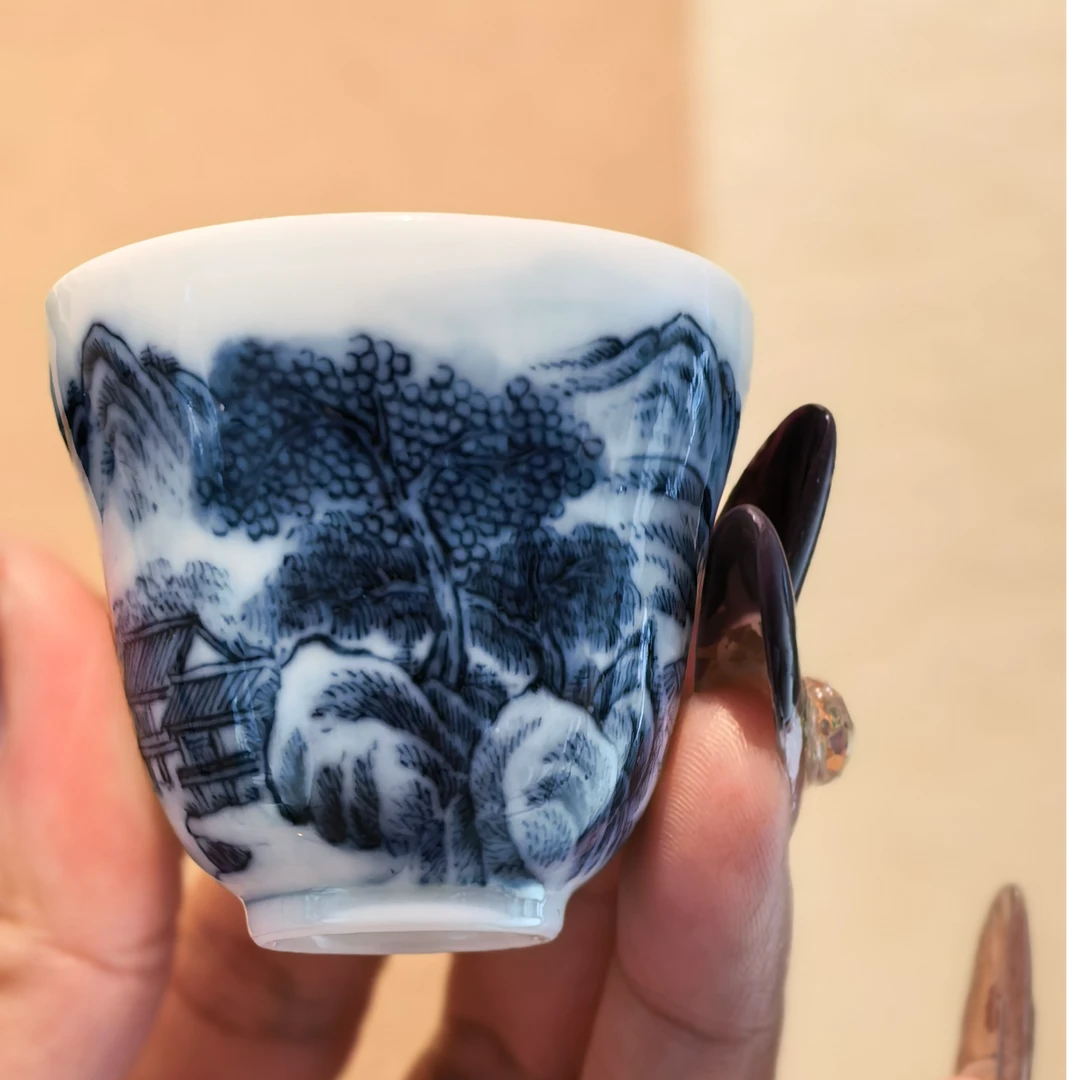 景德镇松间山水小葫芦型主人杯手绘