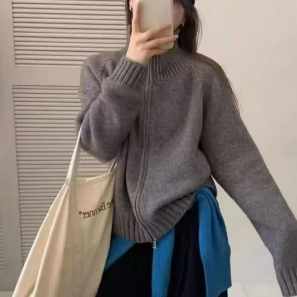 2025慵懒风毛衣外套女秋冬新款韩系立领拉链针织开衫