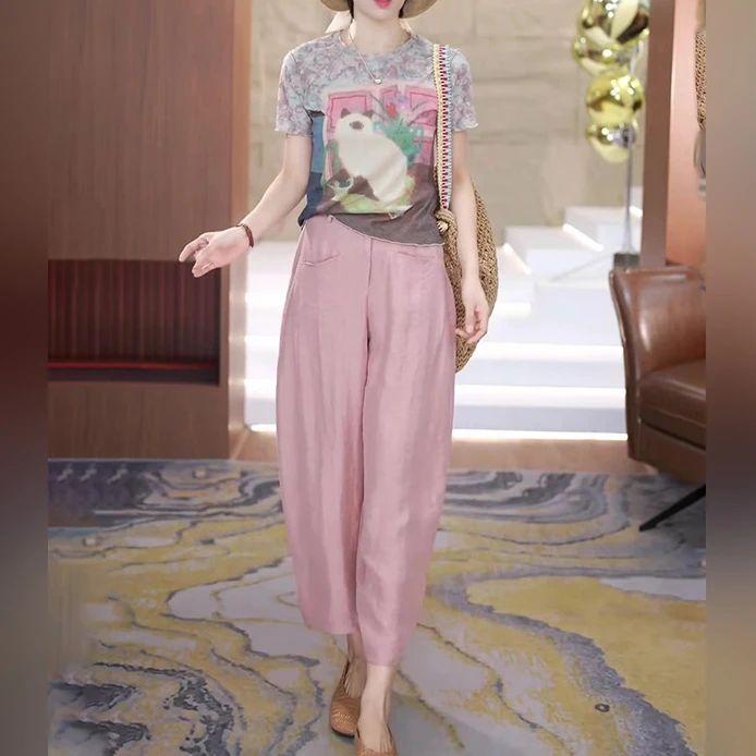 粉色冰丝阔腿裤女2025新款夏季薄款松紧高腰宽松垂感醋酸九分裤子