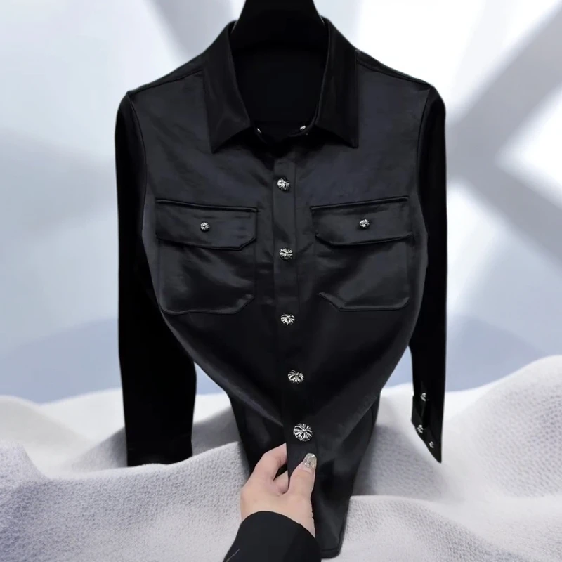 宾斯洛特时尚男装大码潮牌早秋时尚百搭潮流纯色翻领长袖休闲上衣