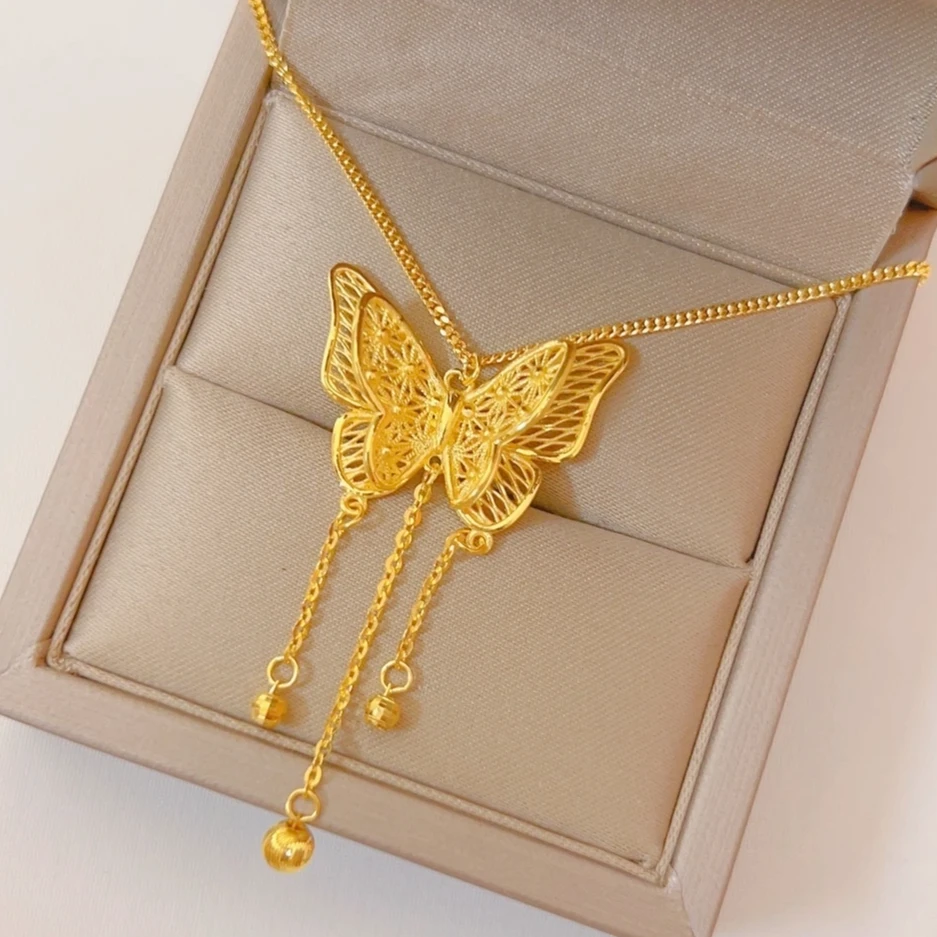 蝴蝶足金999套链黄金项链5G轻奢百搭时尚精致素款经典五帝币坠链
