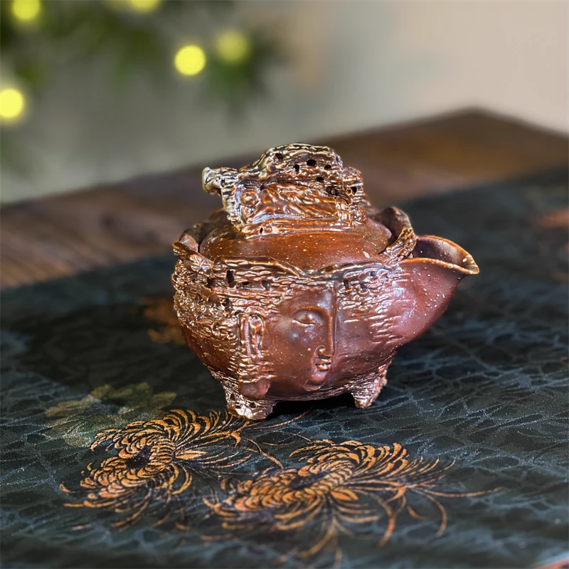 【茗器堂-刘荣富柴烧】170ml戈壁卧佛宝瓶（瓶底有泥纹）黄陶 柴烧