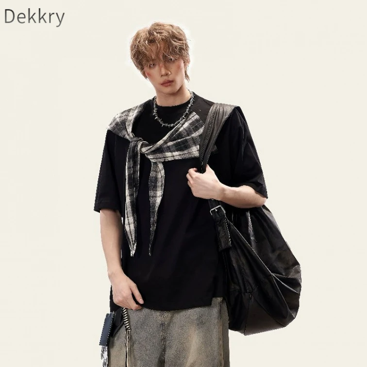 Dekkry夏季蝴蝶短袖格子蝴蝶结情侣T恤休闲学院风假两件时尚衬衫