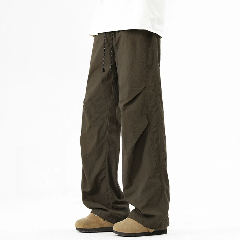 hvelay夏季速干休闲裤薄款直筒宽松工装裤简约纯色褶皱抽绳裤子男