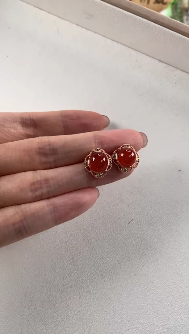 银S925镶嵌南红玛瑙耳饰南红耳钉