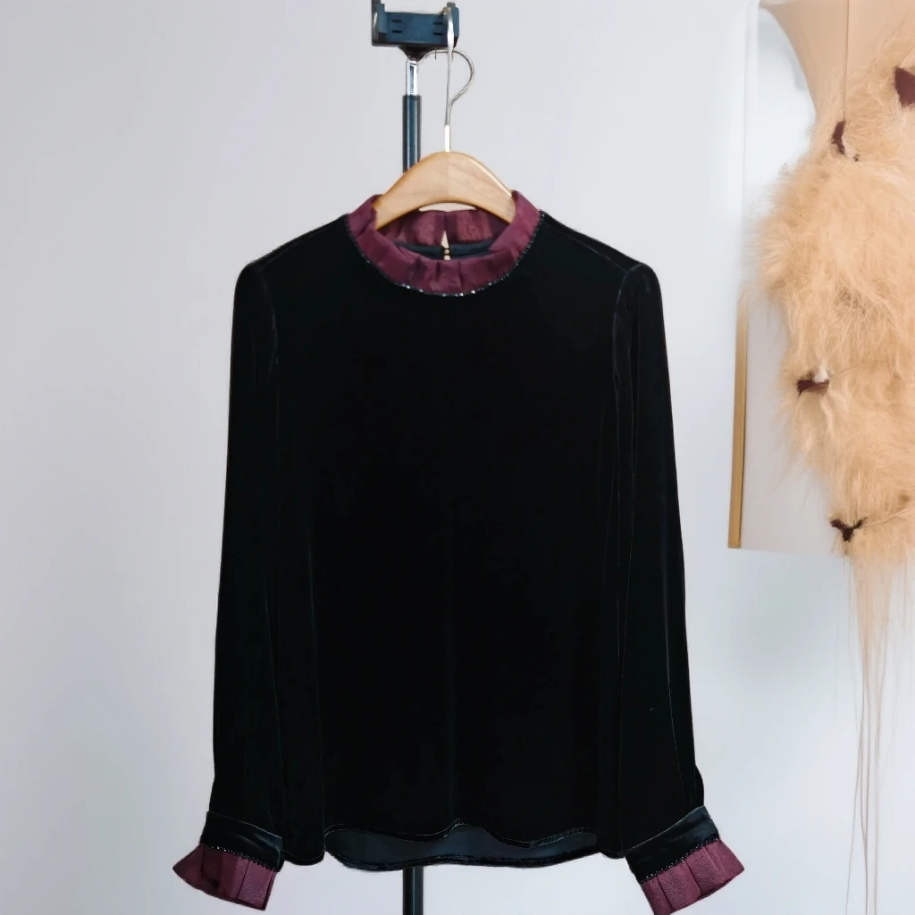 高定100%桑蚕丝丝绒上衣女士衬衫洋气百搭上衣套头上衣