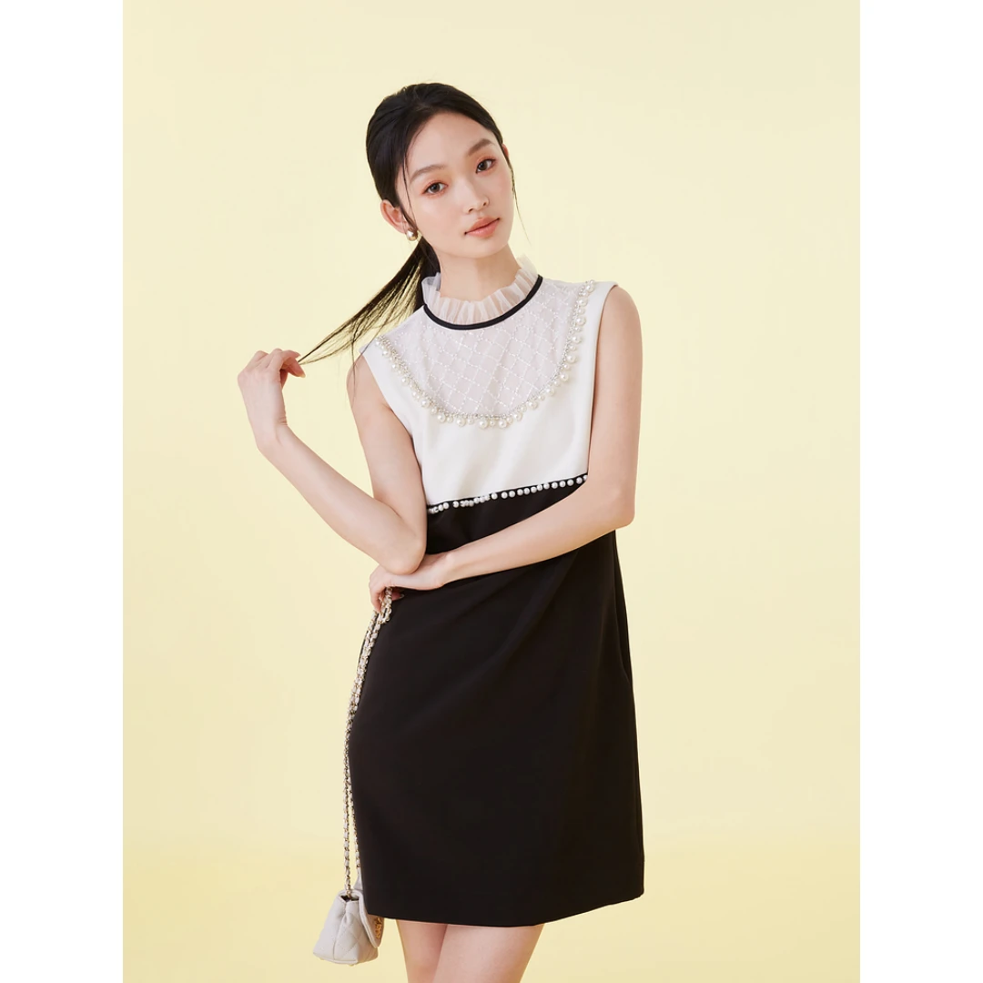 【DD外贸】 明星私服 S 法式气质小香风仿珍珠无袖连衣裙