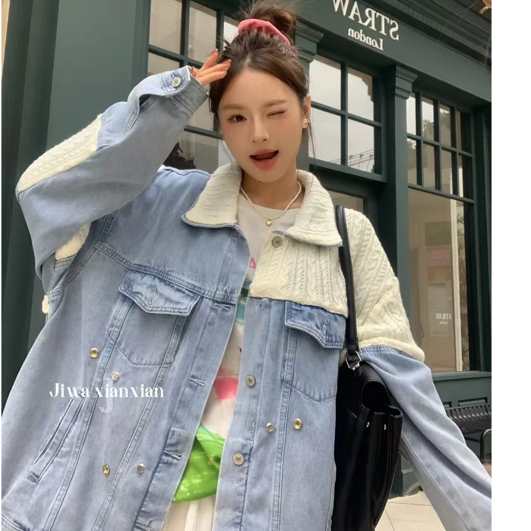 牛仔外套春秋时尚休闲百搭宽松韩版拼接网红蓝色复古春季潮流上衣