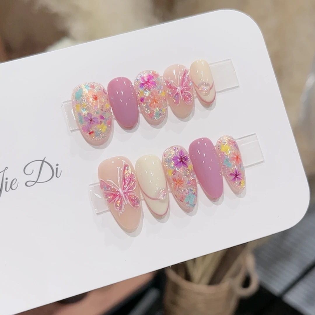 【紫蔷薇】姐弟纯手工穿戴美甲时尚穿戴式指甲紫色干花蝴蝶BD36