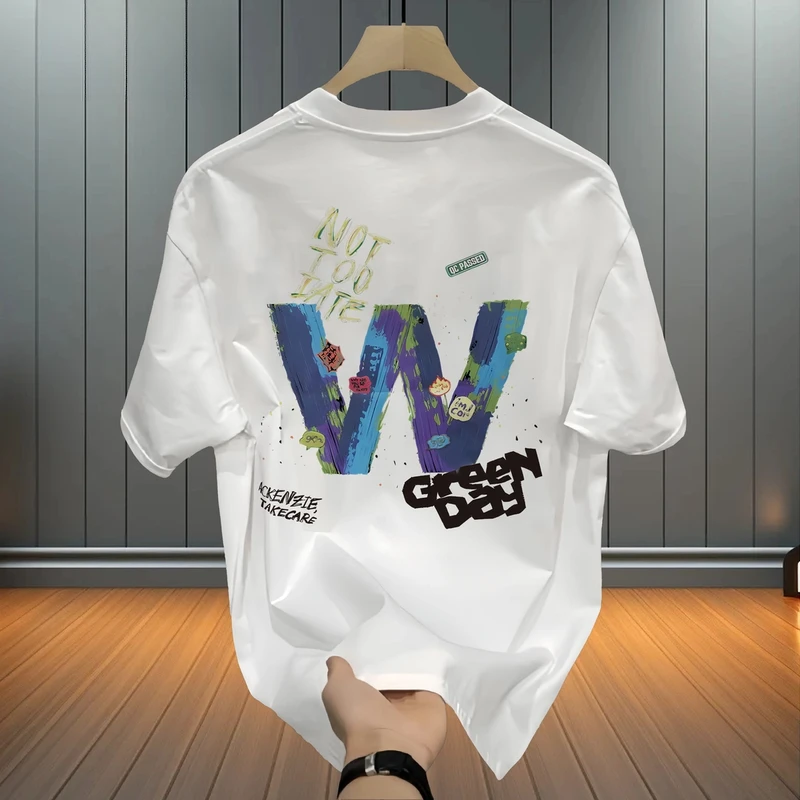 美式重磅纯棉ins短袖夏季个性印花潮牌简约纯棉短袖T恤男装宽松款