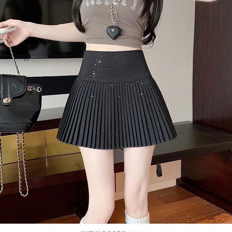 2025亮片半身裙秋季新款闪闪百搭防走光高腰百褶显瘦短裙百褶裙