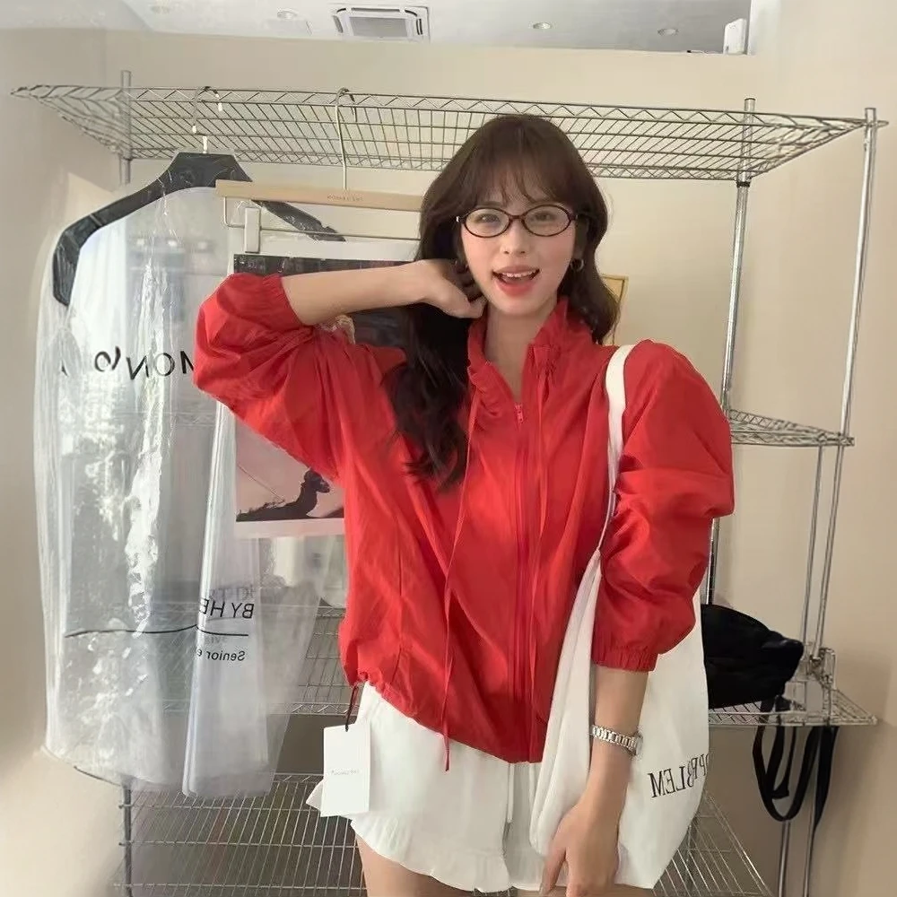 韩版糖果色2025夏季新款设计感抽绳立领休闲防晒外套女上衣薄外套