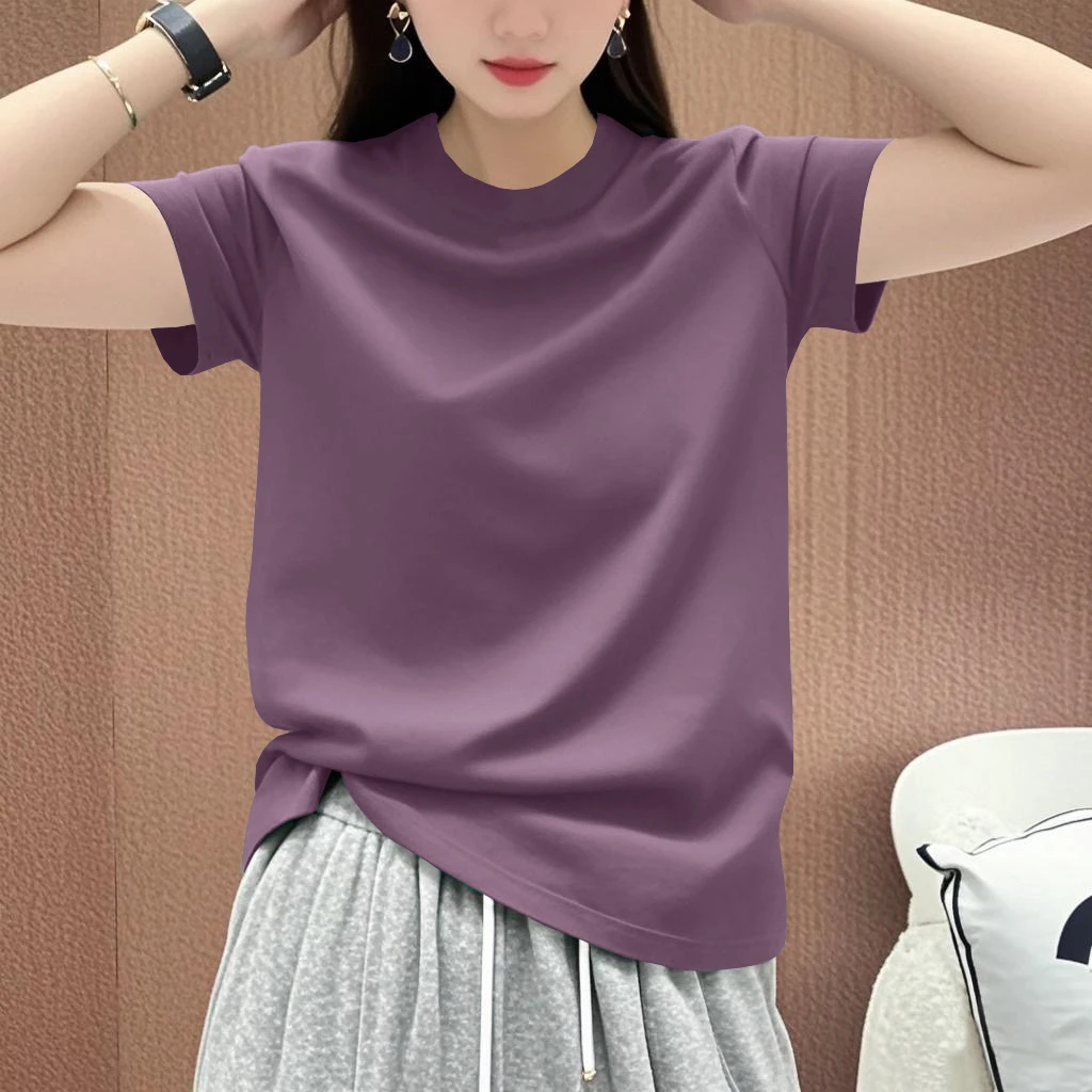 简约通勤圆领短袖t恤2025新款夏季女士宽松大码休闲时尚潮流上衣