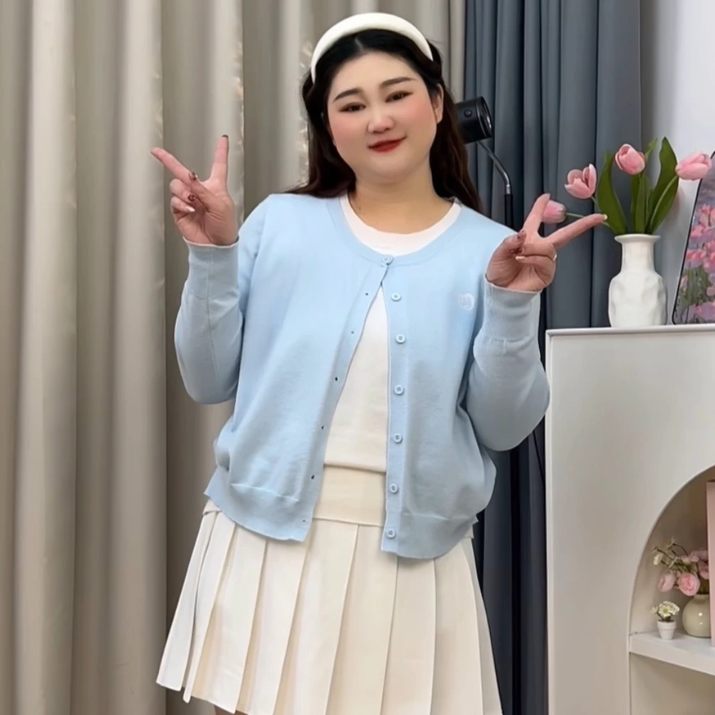 大码毛针织衫猫咪圆领春季时尚长袖早春假两件开衫毛衣显瘦百搭