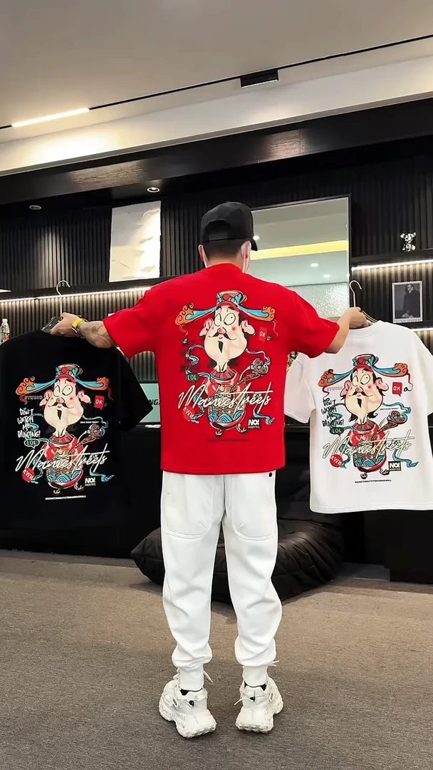 新春重磅短袖t恤男生国潮中国风卡通财神印花宽松打底衫情侣上衣