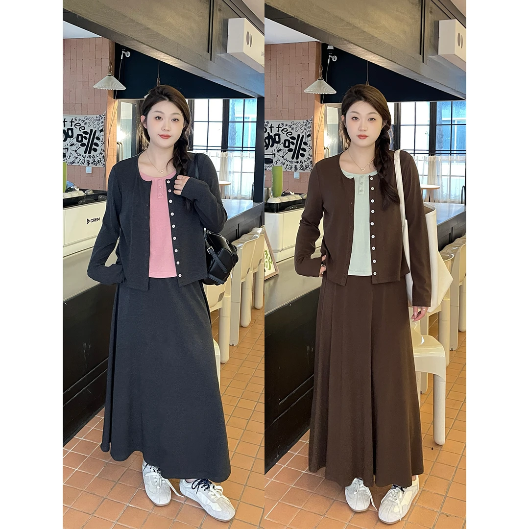 裂渡宣宣【实穿主义】微胖大码女秋假两件上衣+半身裙套装ZY508A25