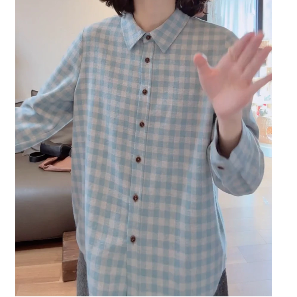 磨毛棉翻领色织格纹衬衫冬季2025新款时尚简约百搭休闲女士衬衣