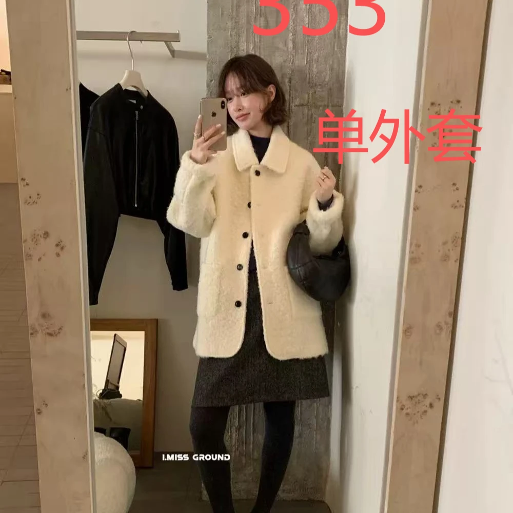 开衫毛呢外套宽松翻领毛绒百搭黑色收腰赫本风大衣