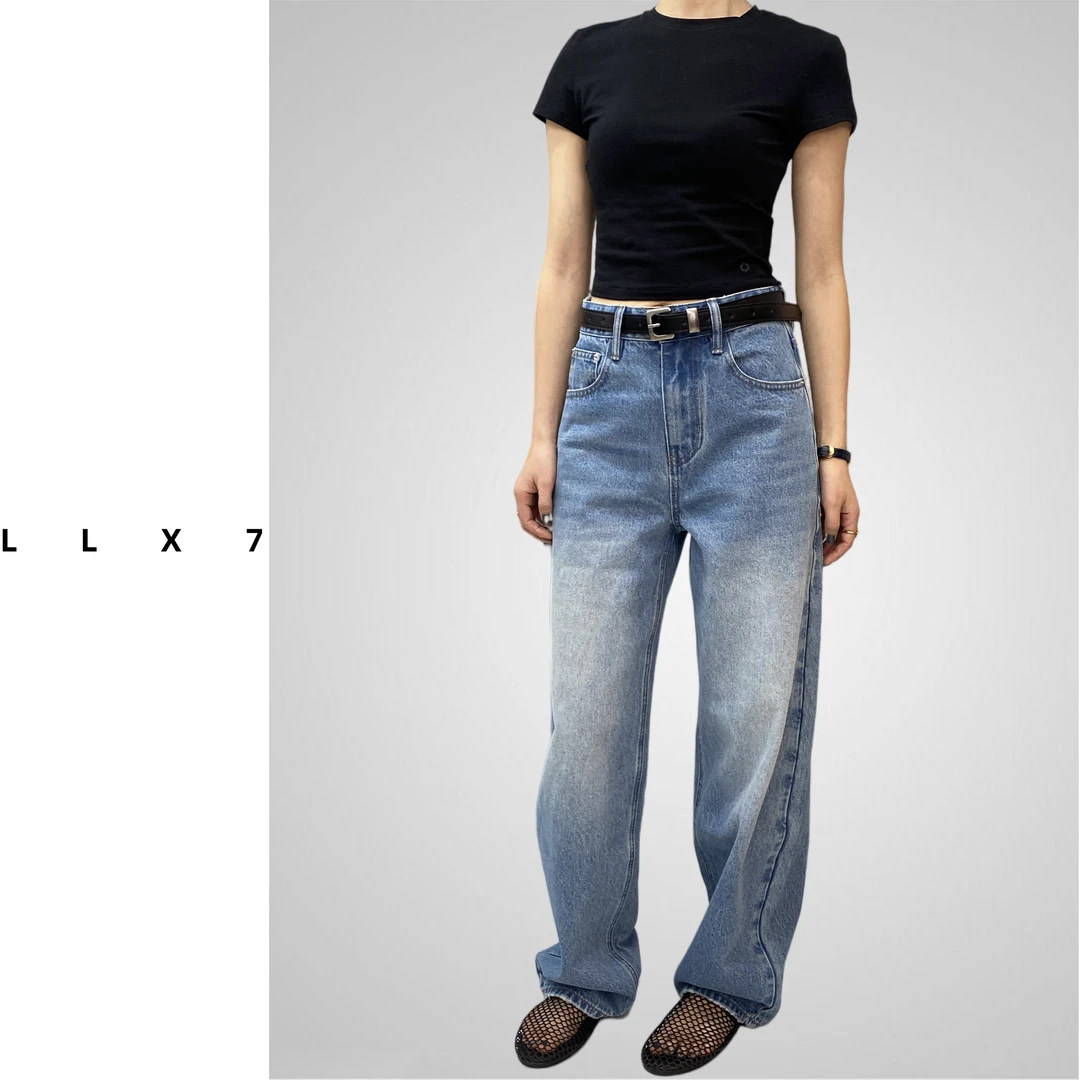 LLX72025新款小弯刀老爹裤百搭水洗蓝极简风休闲时尚女士牛仔长裤