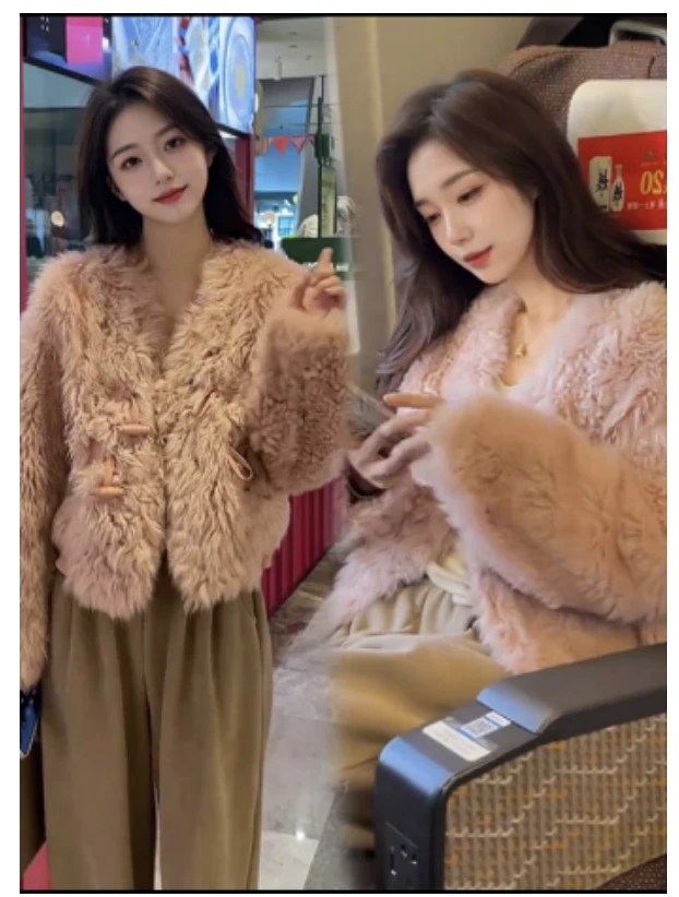 2024冬季款粉色毛毛外套女短款宽松显瘦加厚时尚网红气质休闲上衣